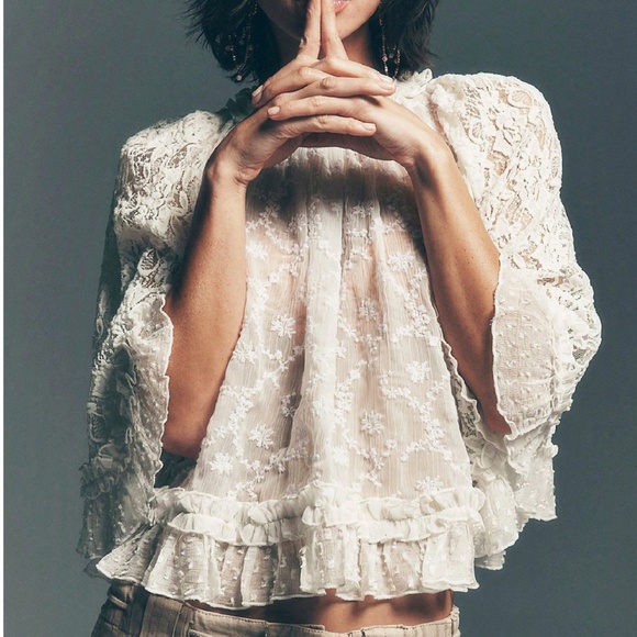 Boho Floral Semi Sheer Loose Fit Ruffle Hem Blouse - Picture 6 of 9